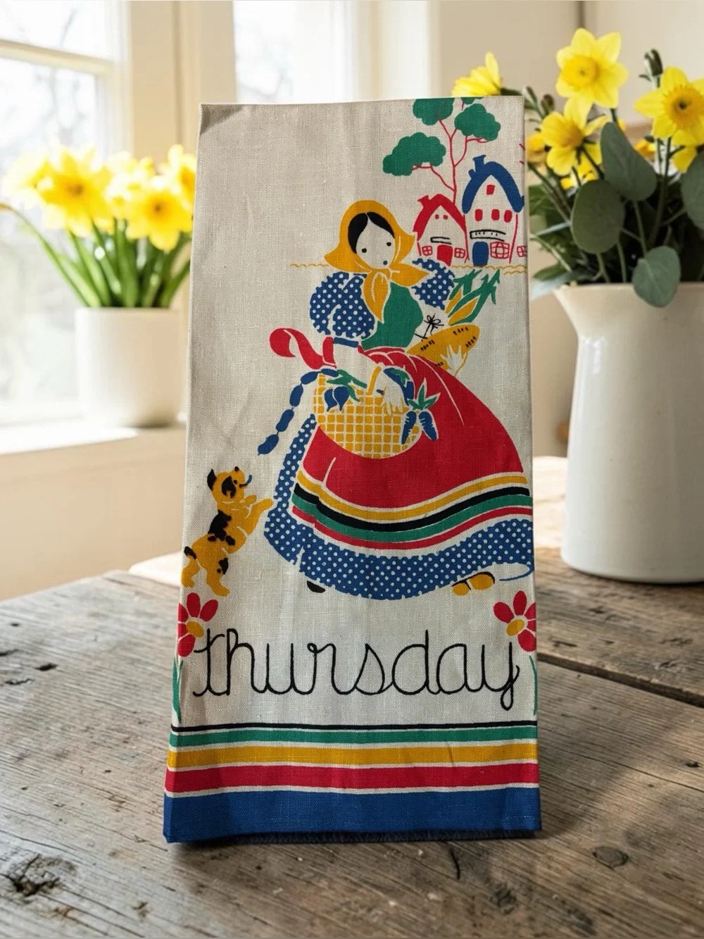 MCM Quality Linens Pure Linen Tea Towel Days Of The Week “Thursday” Dutch Girl